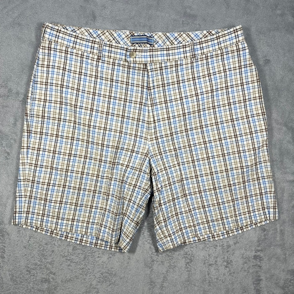 Peter Millar Shorts Mens 38(36) Blue‎ Brown Plaid Cotton Blend Golf Casual